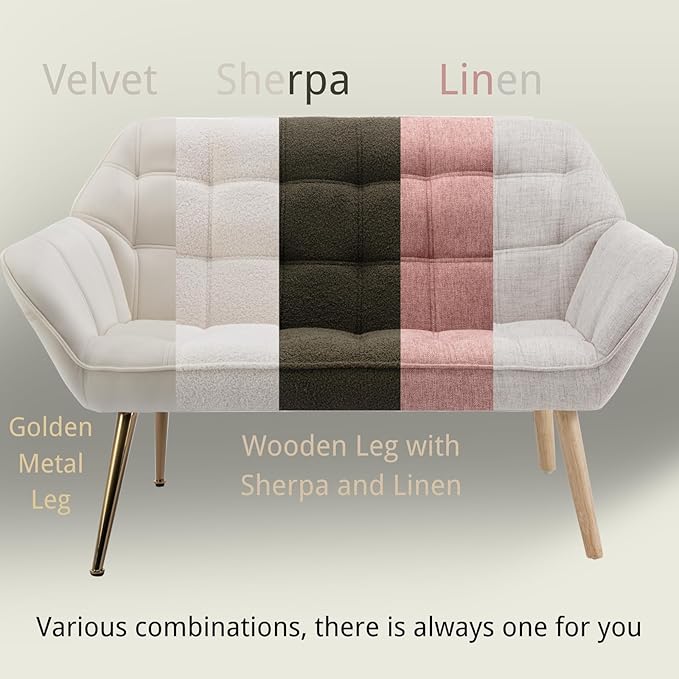 48”Small Loveseat Sofa, Modern Sherpa Upholstered Mini Couch 2-Seater Fluffy Love Seat with Quilting Backs and Wood Legs for Small Space, Living Room, Bedroom, Green