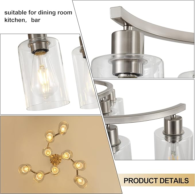 9-Light Brushed Nickel Glass Chandelier, Adjustable Height Hanging Industrial Dining Room Chandelier Over Table, Modern Farmhouse Chandelier for Kitchen Island Living Room Entryway Bedroom