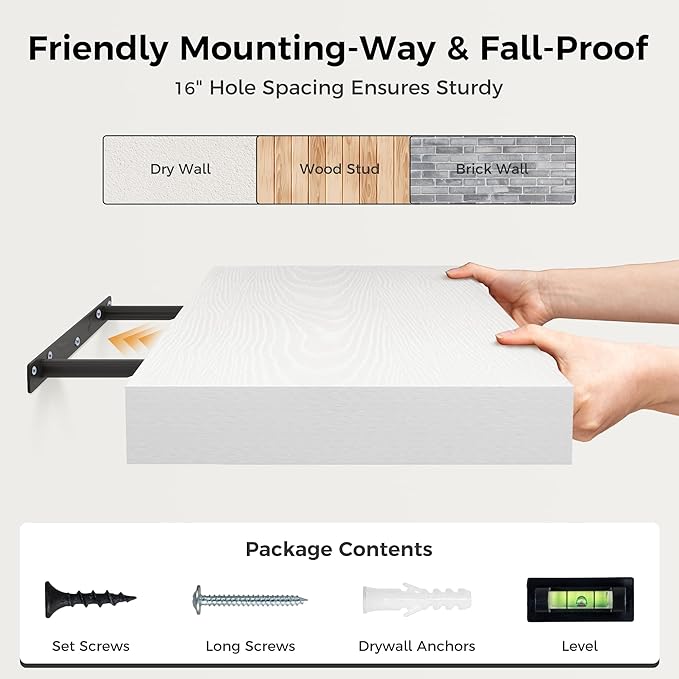 Fun Memories White Floating Shelves 30x 12 Inch, Deep Floating Shelf Wall Mounted, 12" Deep Wall Shelves for Books, Bathroom, Bedroom, Kitchen, Thicked Shelves for Home Storage & Display, Set of 2