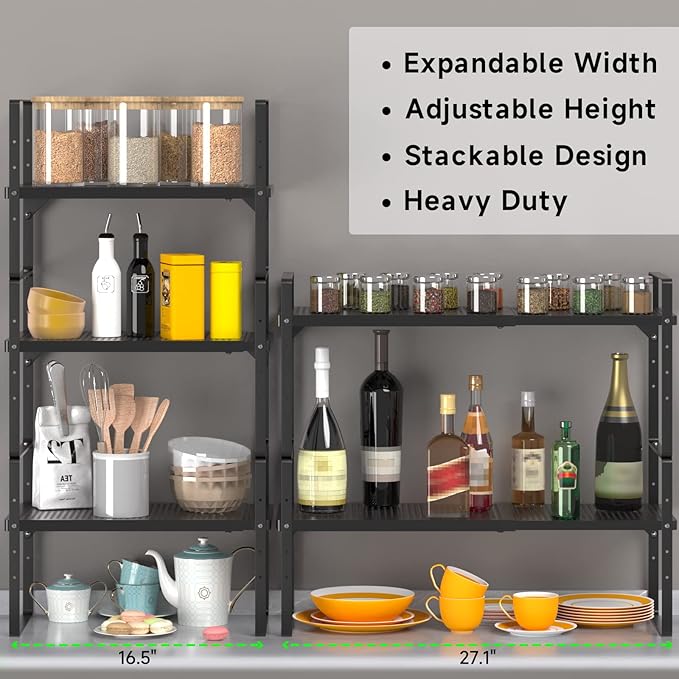 Expandable Cabinet Organizer Shelf, Stackable Shelf Riser for Small Kitchen Pantry Desk Cupboard Tabletop Countertop Home Office, Heavy Duty, Black Small 1 Pack