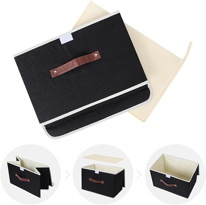 ANMINY Storage Bin with Lid Storage Boxes with PU Leather Handles PP Plastic Board Decorative Foldable Lidded Cotton Linen Fabric Home Cubes Baskets Closet Organizer Container - Black, Large Size