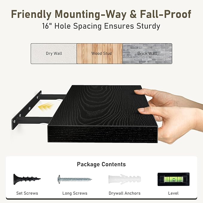 Fun Memories Black Floating Shelves 36 Inch Long, Rustic Farmhouse Bathroom Shelves Over Toliet, 36 x 8 Inch Floating Shelves for Wall, Deep Wall Shelf for Living Room, Kitchen, Bedroom, Set of 2