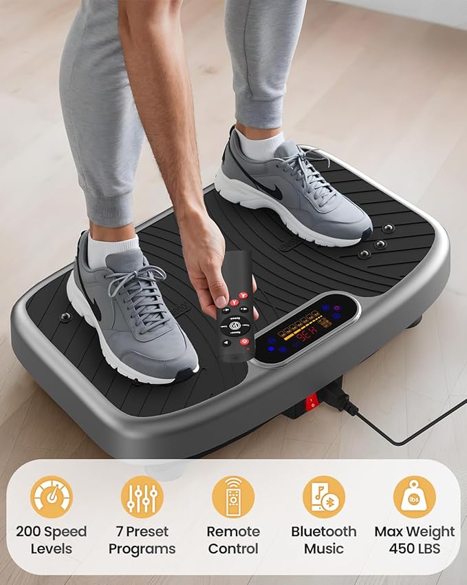 Vibration Plate Exercise Machine, Vibration Plate Platform for Lymphatic Drainage, 200 Adjustable Speeds Power Shaping Vibrating Plate Helps Weight Loss, Shaping, Max Weight 450 Lbs