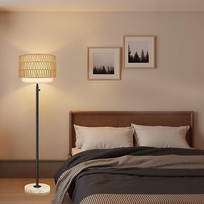 Floor Lamp for Bedroom,Dimmable Rattan Floor Lamp,Modern Standing Lamp with Marble Base,Tall Standing Lamp for Bedroom, Reading,Office & Kids' Room,LED Bulb Included(Rattan)