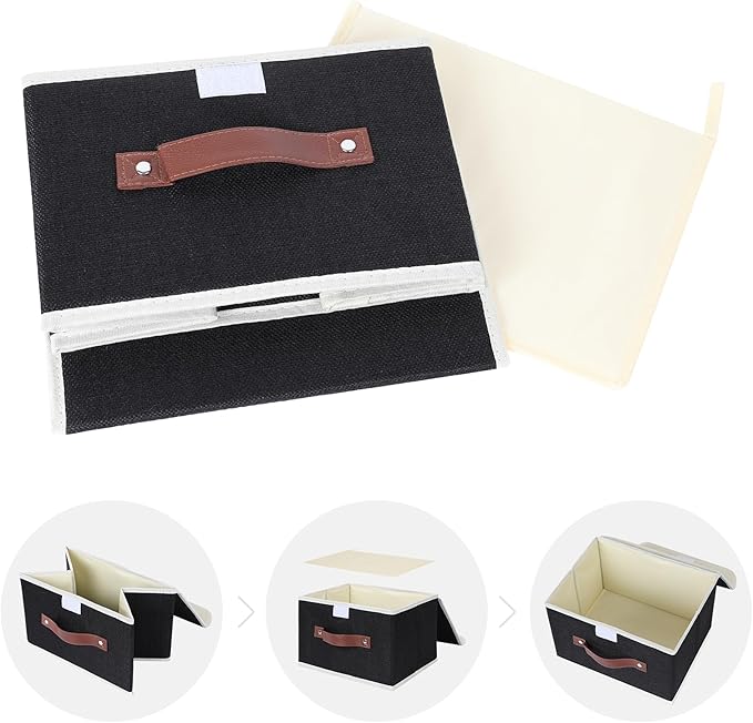 ANMINY Storage Bin with Lid Storage Boxes with PU Leather Handles PP Plastic Board Decorative Foldable Lidded Cotton Linen Fabric Home Cubes Baskets Closet Organizer Container - Black, Small Size