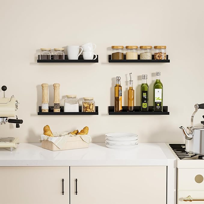 4 Pack Floating Shelves for Wall Storage, Metal Black Hanging Shelves for Living Room/Kitchen/Bedroom/Bathroom Decor, Set of 4 Organizer for Display, Perfume & Book Shelf Wall Mounted