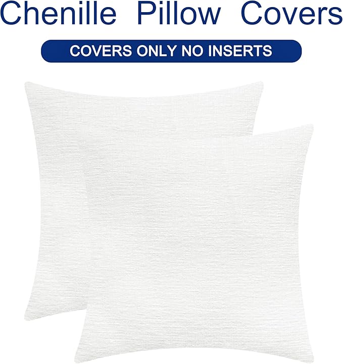 CaliTime Throw Pillow Covers Decorative 18 X 18 Inches Pack of 2 Cozy Chenille Cushion Cases for Couch Sofa Bed Living Room Home True White
