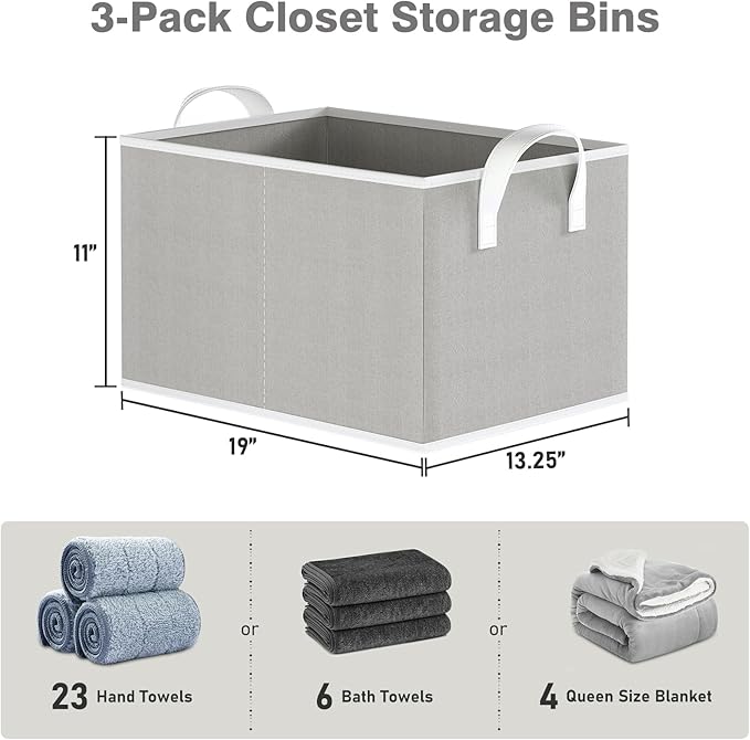 Closet Storage Bins, Fabric Closet Organizers and Storage Basket for Shelves, Collapsible Shelf Baskets for Organizing Shelves, Bedroom Clothes Basket, Gray, 3 Pack