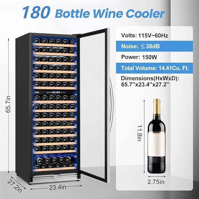 24 Inch Wine Fridge,180 Bottles Dual Zone Wine Cooler Refrigerator, Built-in or Freestanding Wine Refrigerator with Glass Door and Safety Lock, Low Noise, Large Wine Cellar for Home, Office, Kitchen