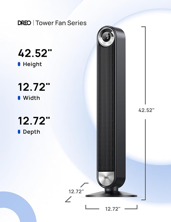 Dreo Tower Fan for Bedroom, Upgraded DC 9 Speeds 25dB Ultra-Quiet Floor Fan, 90° Oscillating Fans with 28ft/s Velocity, 12H Timer, Standing Fan, Bladeless Fan Powerful for Home Office Room