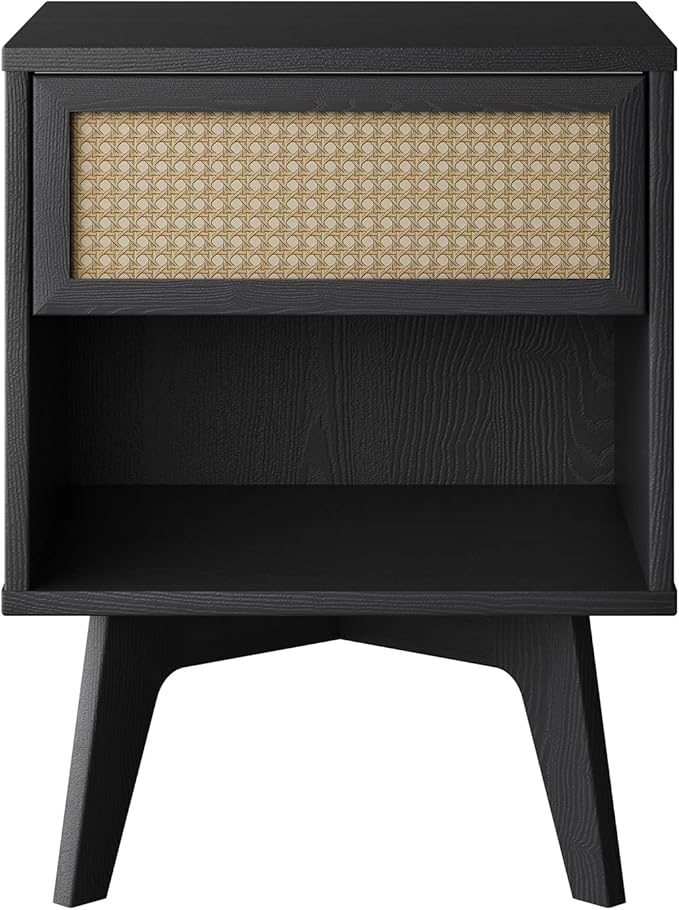 MUSEHOMEINC Nightstand, Boho Bedside Table with Rattan Drawer Open Shelf, Black Wooden Night Stand with Storage, Mid Century Modern End Table for Bedroom, Living Room,Dorm and Small Spaces