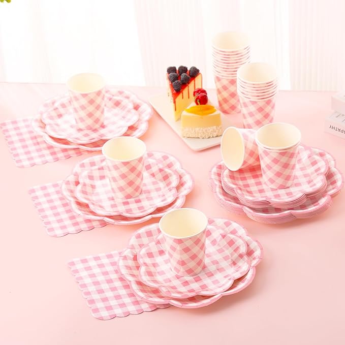 175 Pcs Pink Gingham Plates and Napkins Party Supplies - Pink and White Checkered Plates Sets Serve 25 Guests - Scalloped Gingham Paper Plate for Birthday Wedding Picnic Party Decorations