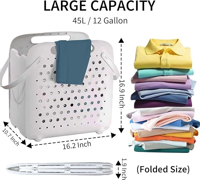 45L Foldable Laundry Basket, Plastic Collapsible Laundry Baskets with Handles, 12 Gallons Dirty Clothes Hamper for Dorm Laundry Room Organization, Freestanding Wall Hanging Laundry Hamper