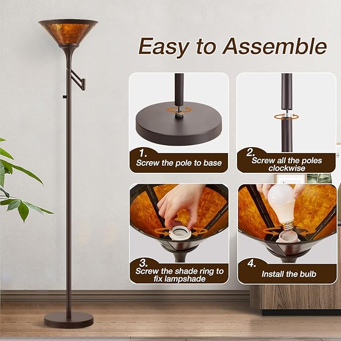 Floor Lamps for Living Room - 70" Brown Torchiere Standing Floor Lamp with Adjustable Swing Arm - Tall Corner Lamp Decor for Bedroom with Mica Shade LED Reading Light for Home Office