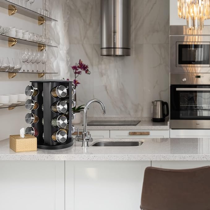 Black Countertop Rotating Spice Rack, 16-Jars Revolving Spice Rack Organizer Tower, 135 Spice Labels with Funnel Complete Set, Seasoning Organizer for Kitchen Countertop, Cabinet