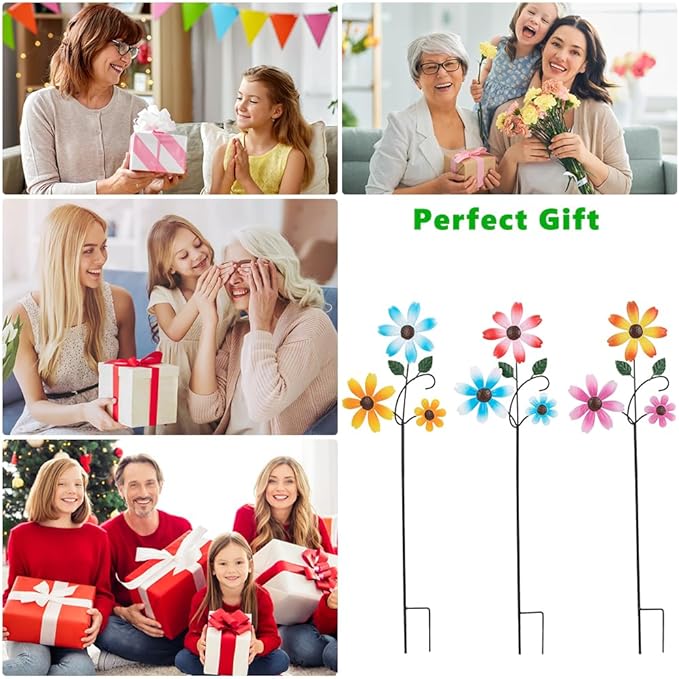 3 Pack Spring Garden Stakes Decor,Metal Flowers Decorative Garden Stakes,Waterproof Metal Yard Art for Outside,Lawn,Patio,Yard(23.1 * 6.7IN)