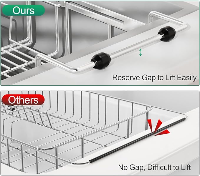 GSlife Expandable in Sink Dish Drying Rack Small with Silicone Mat - Stainless Steel Capacity Adjustable Over The Sink Dish Rack with Utensil Holder for Counter or Inside Sink (12.4" -16.8"), Silver