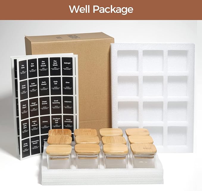 ComSaf 12Pcs Glass Spice Jars with Bamboo Lid, 4oz Airtight Square Spice Containers with 275 Black Lables, Empty Seasoning Jars for Spice Salt Sugar