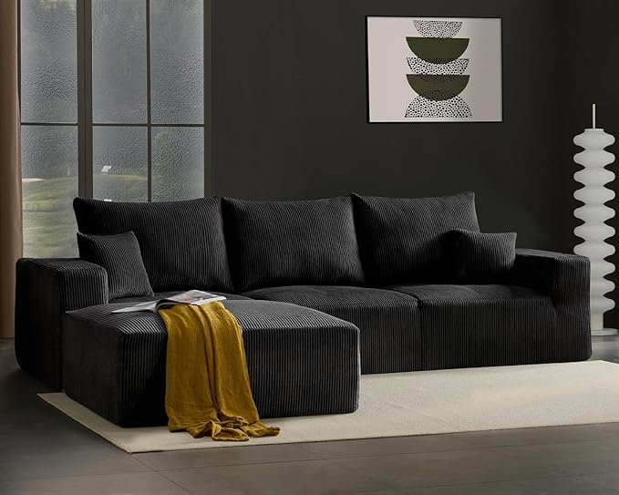 Boneless Sectional Cloud Couch Sofa for Living Room, 112" L-Shaped Modular Modern Lounge Sleeper Black Couches with Chaise, No Assemble, Cordury Compression Upholstered Sofas
