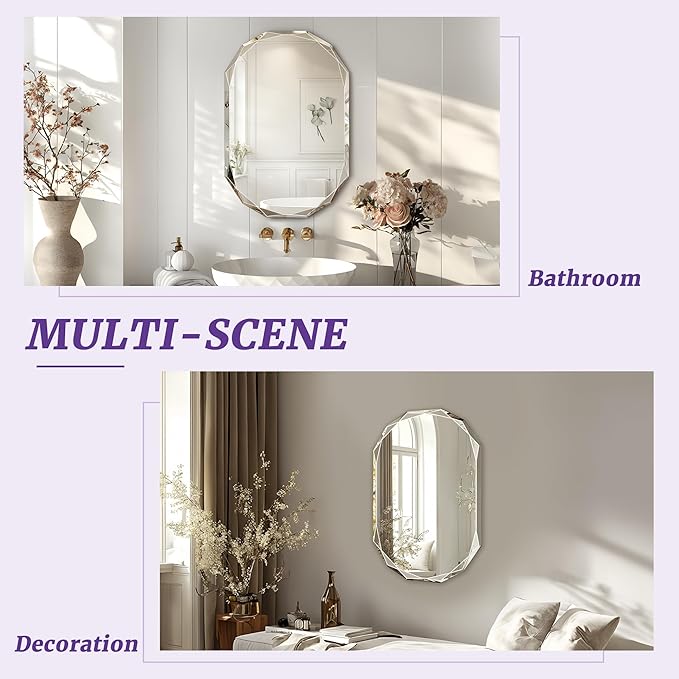 Bathroom Mirror for Wall, 24" x 48" Oval Mirror, Bathroom Vanity Mirror, Beveled Edge Frameless Wall Mount Vanity Mirrors, Wall Mirrors Decorative, Irregular Beveled Edge Mirror