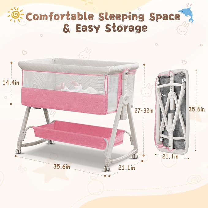 Baby Bassinet Bedside Sleeper for Baby,Bedside Bassinet with Wheels and Storage Basket, 6 Height Adjustable Bedside Crib(Upgrade Pink)
