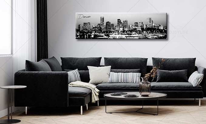 Black and White Wall Art Denver Skyline Cityscape Skyscrapers Canvas Print Painting Landscape USA City Buildings Pictures Modern Artwork for Man Room Office Living Room Decoration 13.8"x47.3"