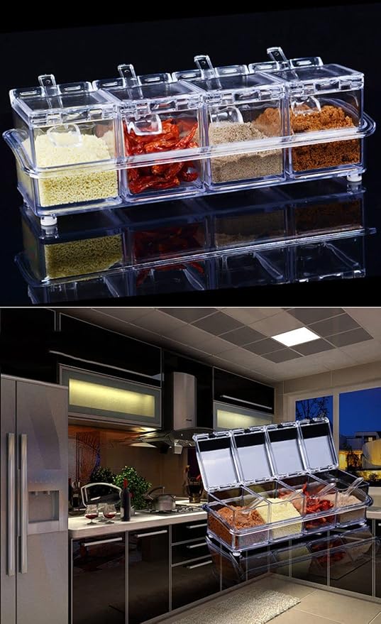 Clear Seasoning Box - 4 Piece Acrylic Spice Storage Container storage Tool for Kitchen Herb Spice Tools Gadgets-Cruet with Lid and Spoon