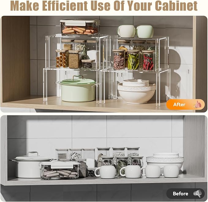 Clear Cabinet Organizer: Acrylic Shelf Riser Set of 4 for Kitchen Pantry Organizers and Storage - Countertop Spice Rack for Cabinet - Stackable Display Shelf Decor for Gift