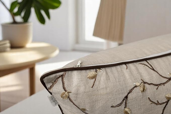 VAGMINE Embroidered Pussy Willow Throw Pillow Cover - 18x18 Inches Square - 100% Linen Natural Decorative Cushion Cover - Floral Embroidery - Cozy Farmhouse & Boho Accent for Sofa, Couch, Bedroom