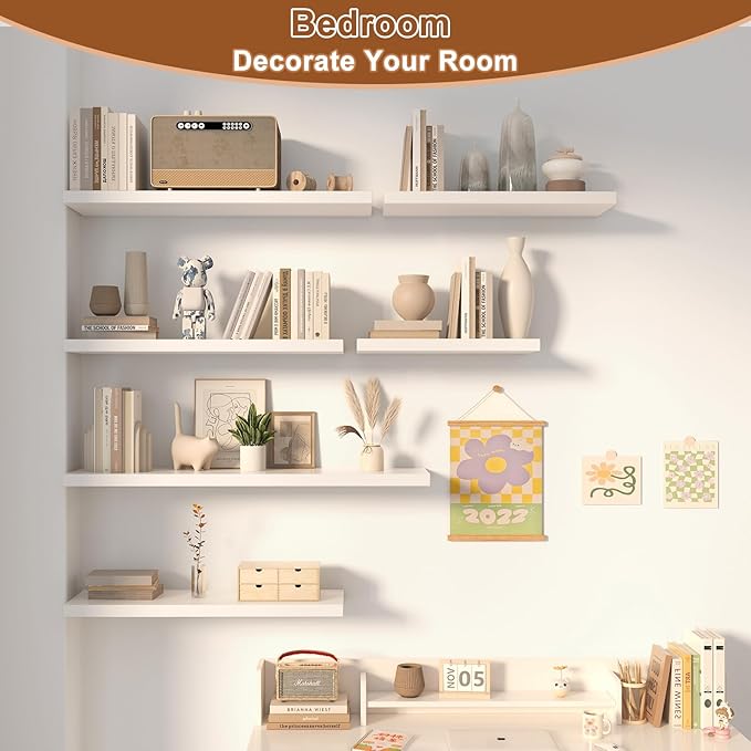 40 Inch Floating Shelf 2 Pack Large Floating Shelves for Wall No Drilling Accessories Included Deep Wall Shelves for Living Room Kitchen Farmhouse 40" W x 12" D x 1.2" White