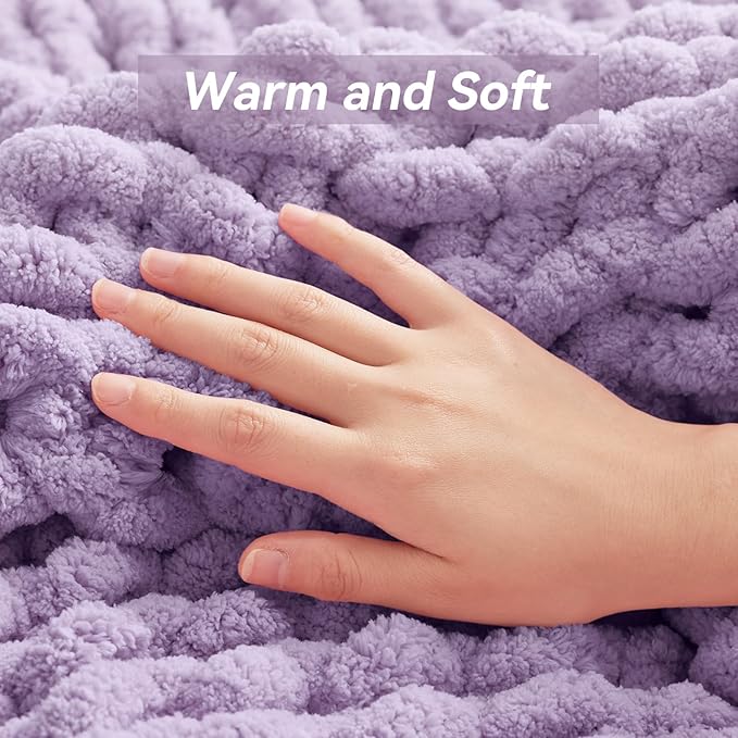Chunky Knit Throw Blanket, 60''*80'' Knitted Throw Chenille Yarn for Bed Couch, Handmade Light Purple Crochet Big Thick Blanket, Machine Washable Cute Comfy Blanket for Home Decor