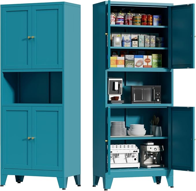 69" Tall Kitchen Pantry Cabinet, Metal Storage Cabinet with 4 Doors and Adjustbale Shelves, Freestanding Cupboards for Dining Room, Living Room, Bathroom