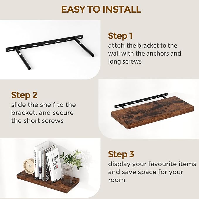 Fun Memories Rustic Wood Floating Shelves for Wall, 36 x 9 Wall Shelves Set of 2, Deep Floating Shelf for Kitchen, Living Room Storage & Display, Deep Wooden Bookshelf, Rustic Brown Color