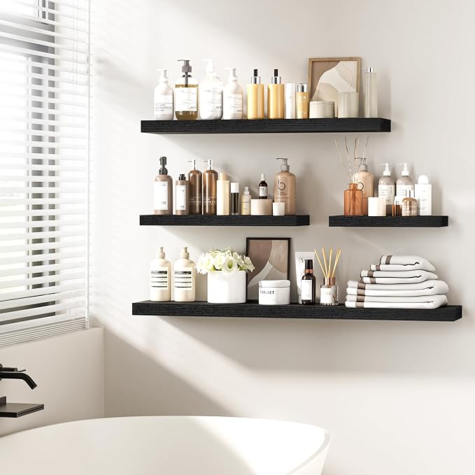 Fun Memories 48 Inch Floating Shelves - Fireplace Mantel Shelf - Deep Wall Mounted Wood Storage Shelf for Bedroom, Kitchen, Farmhouse - 1 Pack, Rustic Black