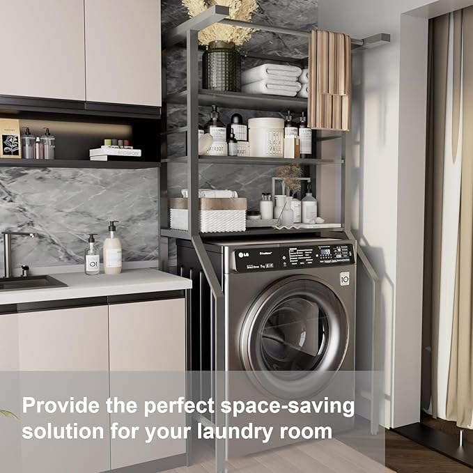 Dryer Storage Shelf and Heavy Duty Over the Washer– All-Steel Laundry Room Organizer with Clothes Drying Rod, Space-Saving Shelf for Front-Load Washers and Dryers, 29.92"L x 23.65"D x 70.8"H