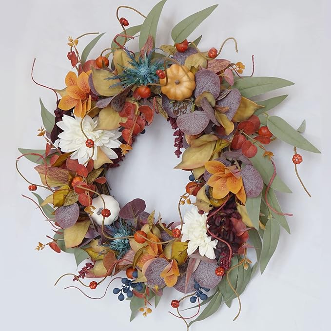 Fall Wreaths for Front Door Outside 24 Inch Autumn Wreath with Pumpkins, Silk Leaves & Purple Flowers Autumn Wreaths for Front Door, Halloween Wreath Decoration, Thanksgiving Decor