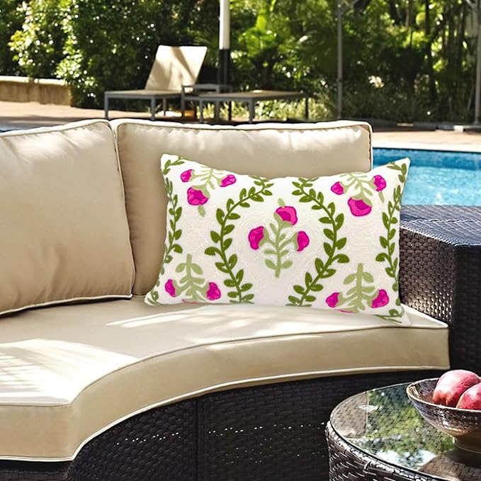 Alysheer Flower Embroidered Summer Decorative Lumbar Throw Pillow Cover 12"x 20", Farmhouse Cottage Hot Pink Floral Green Leaves Patterned Cotton Canvas Cushion Case for Sofa Couch Bed Living Room
