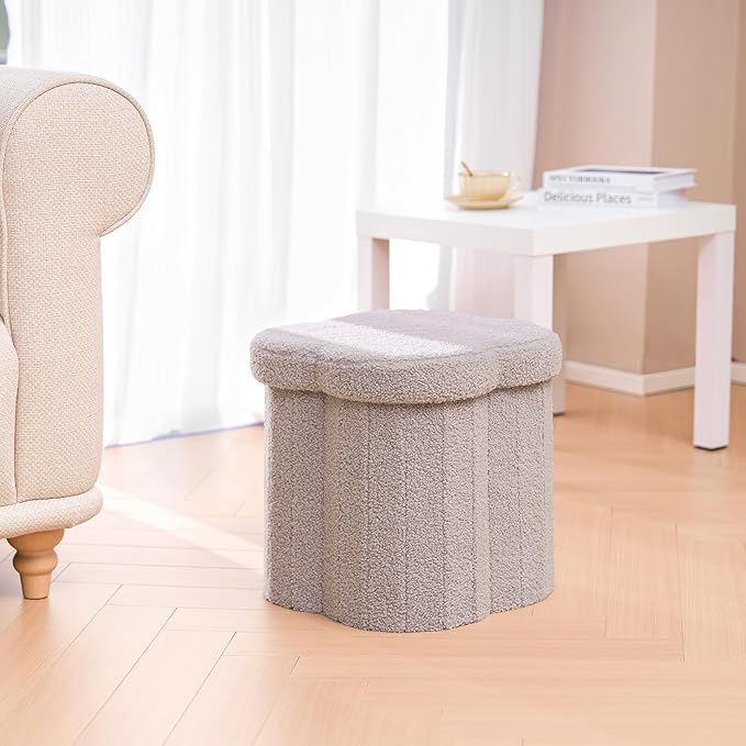 B FSOBEIIALEO Storage Ottoman Cube, Flowers Shaped Ottomans with Storage Foot Stool Footrest, Boucle Ottoman Seat for Dorm Room, Faux Teddy Fur, Grey 15"x15"x15"