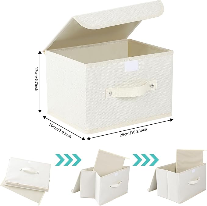 Fabric Storage Bins Cube Organizers with Flip-Top Lid and Handles,Storage Boxes for Organizing Home,Office,and Closet,Beige,3 Pack 10.2 X 7.9 X 6.7 in