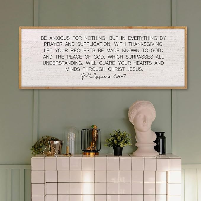 LuZhiQiang Be Anxious for Nothing Wall Decor 32"×12" Philippians 4:6-7 Bible Verse Sign Large Christian Scripture Wood Framed Hanging Decor (Wood)