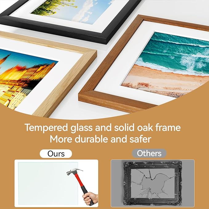 IBUYKE 8x10 Picture Frame,Set of 3,Solid Oak Wood 8x10 Photo Frame with Mat to 5x7,10x8 Picture Frames With Tempered Glass,Tabletop or Wall Mount Display,Home Decor,Natural Oak 8 x 10 Frame,UWPF0810N-3
