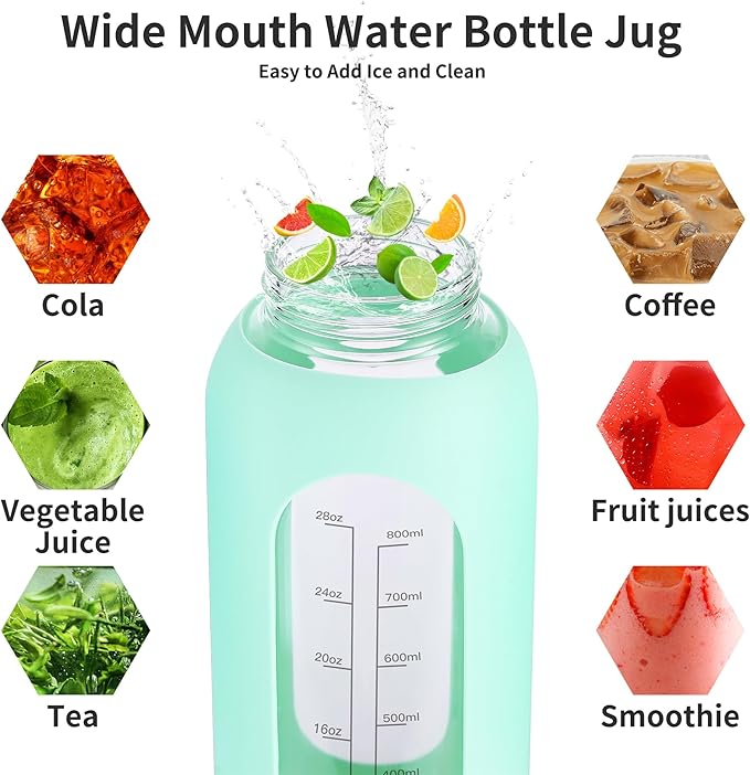 32 oz Glass Water Bottle with Straw and Handle, Sports Motivational Water Flask with Silicone Sleeve, Large Leakproof Water Flask Cup with Time Marker for Travel, Gym, Beige