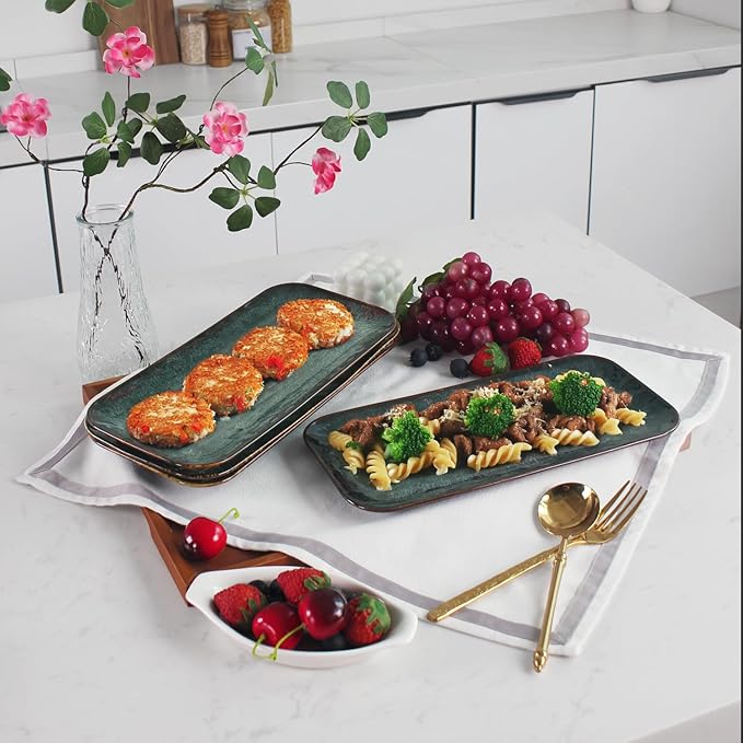 Ceramic Serving Dinner Plate Set, 4-Piece for Main Meals, Tacos, Lunches, Snack, Platters - Microwave and Dishwasher Safe, Scratch Resistant, Kitchen Serving Dinnerware, Black 12.4 Inch