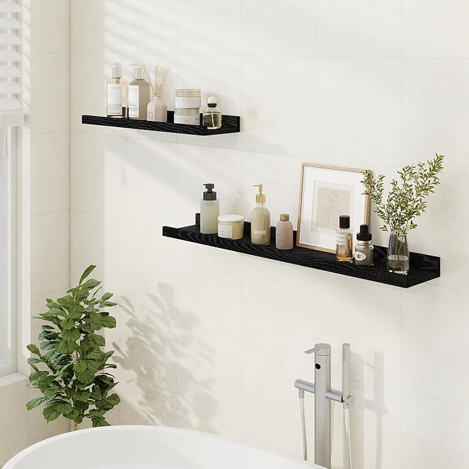 Floating Picture Ledge Shelves 24 Inch Solid Oak Wood Set of 2, Rustic Wall Storage Shelves with Lip, Kids Bookshelf, Photo & Picture Ledge Shelves for Bedroom, Living Room, Kitchen