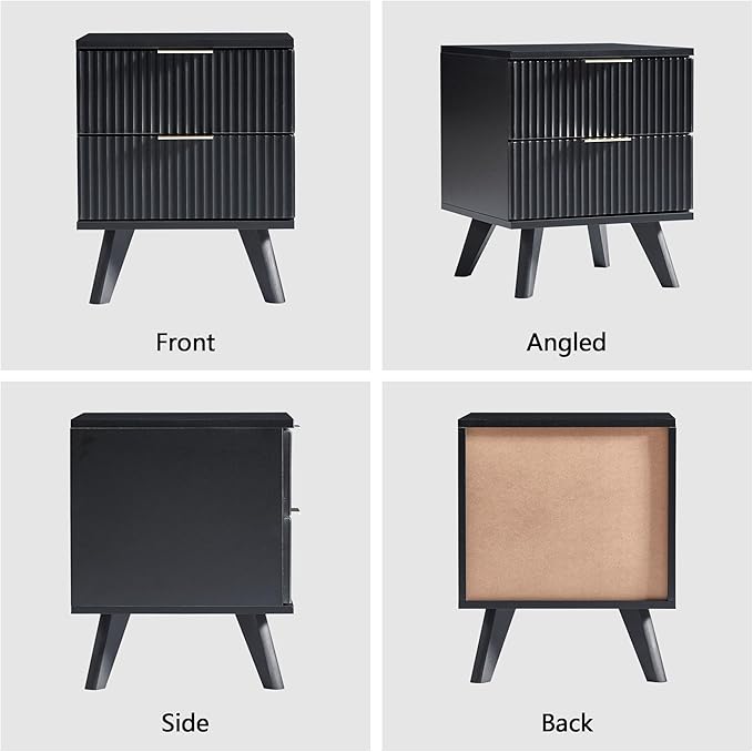 Fluted Nightstand, Mid Century Modern 2 Drawer Bedside Table for Bedroom, Small Dresser Night Stand Side Table End Tables with Wood Drawer Storage for Bedroom Closet(Black)