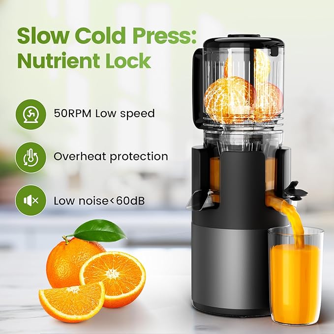 Cold Press Juicer Machines, High Nutrient Retention, 99% Juice Yield, 5.3" Wide Feed Chute for Whole Fruits & Vegetables, Quiet Slow Masticating Juicer, BPA-Free, Easy to Clean