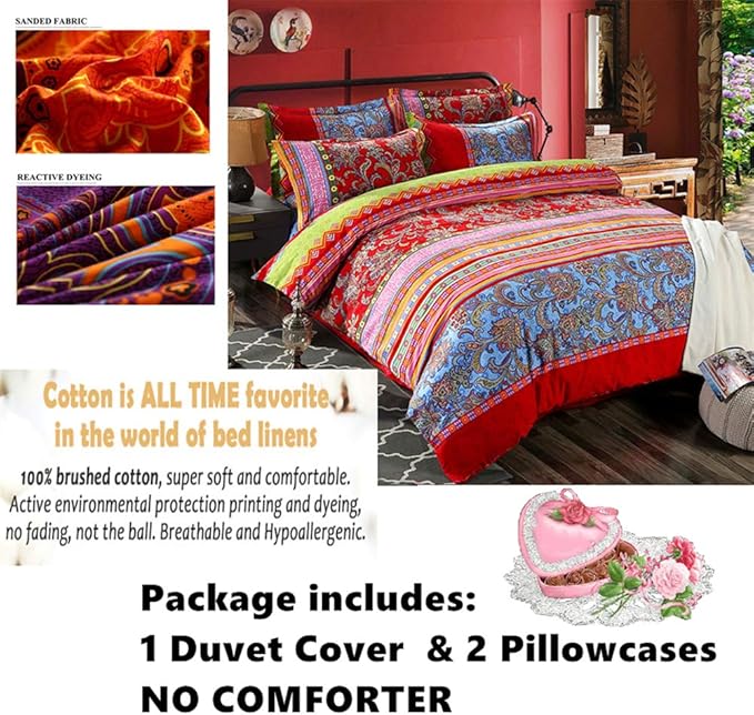 ABREEZE Queen Duvet Covers, Bohemian Retro Bedding Set, Coloful Mandala Down Comforter Cover, Boho Floral Style Quilt Cover, 100% Brushed Cotton, 1 Duvet Cover and 2 Pillow Shams,Red