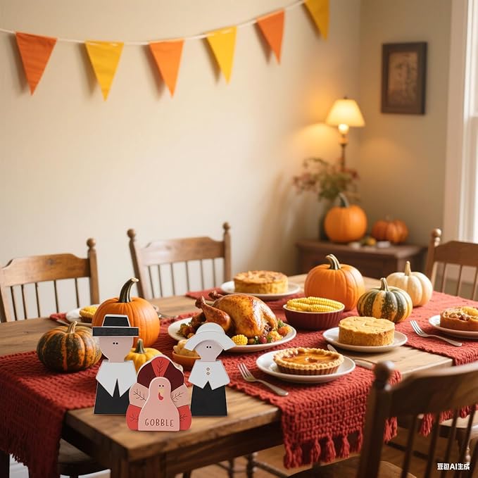 Amorita Fall Thanksgiving Decorations Wooden Turkey Pilgrim Couple Table Sign 3 Pcs Fall Thanksgiving Decor Standing Tabletop Sign Decor for Autumn Harvest - Z