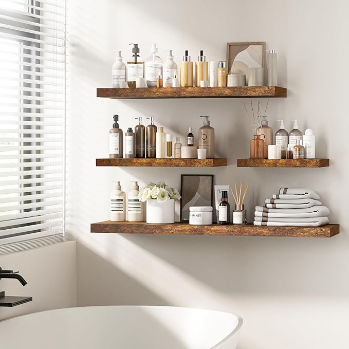 Fun Memories Floating Shelves - 2 Pack 12 Inch Rustic Wooden Wall Shelves - Extra Deeper & Thicker Wall Mounted Storage Shelf for Living Room, Kitchen, Farmhouse - 36" W x 12" D x 1.8" H - Brown