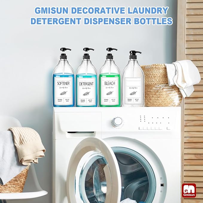GMISUN Laundry Detergent Soap Dispenser, Liquid Laundry Detergent Dispenser, Container for Farmhouse Room Decor, Organizer for Liquid DetergentSoftenerBleach Storage Bottle(64 Oz Set of 4)